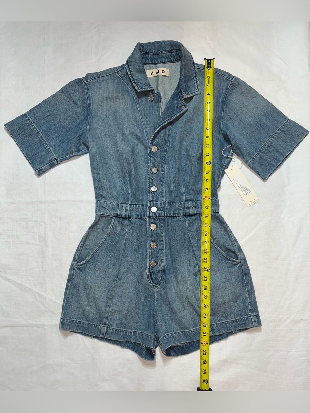 AMO Rosalind Jumpsuit Denim Short-Sleeve Shorts Romper - Picture 3 of 7